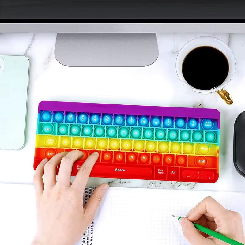 Keyboard Push Bubble Fidget Toy Rainbow Sensory Stress Reliever Squeeze Toys Anxiety Relief Decompression Gift for Kids Adults